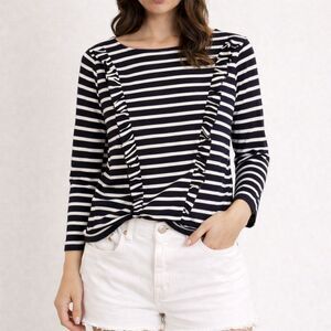 Boden Ruffled Mariner Navy White Stripe Tee Long Sleeve Nautical Knit Top Size 8